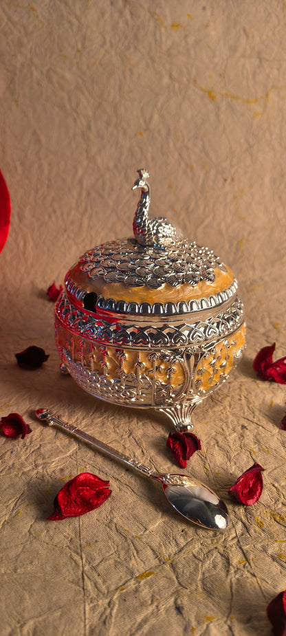 Handcrafted Peacock Storage Box with Ornate Floral Detailing and Decorative Lid