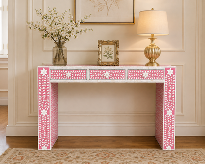 Handcrafted Pink Mother of Pearl Inlay Console Table with 3 Drawers, Floral Handmade Luxury Entryway Hall Table on White Background
