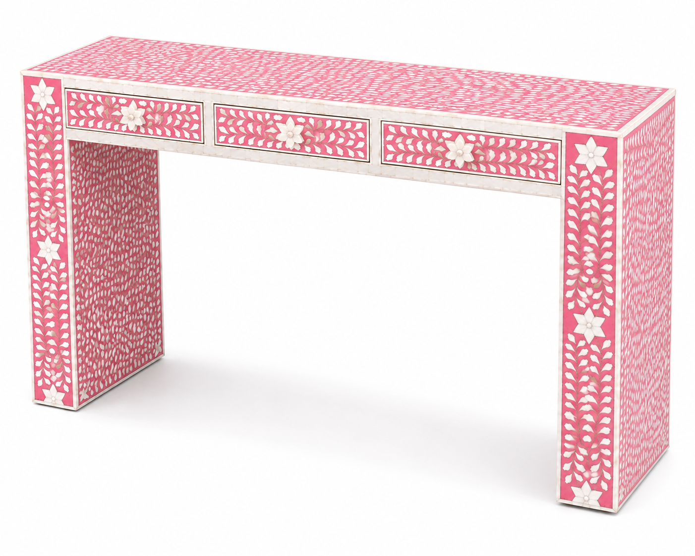 Handcrafted Pink Mother of Pearl Inlay Console Table with Three Drawers