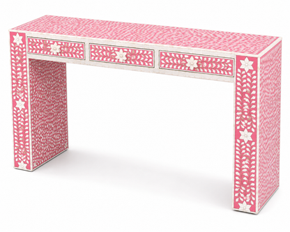 Handcrafted Pink Mother of Pearl Inlay Console Table with Three Drawers