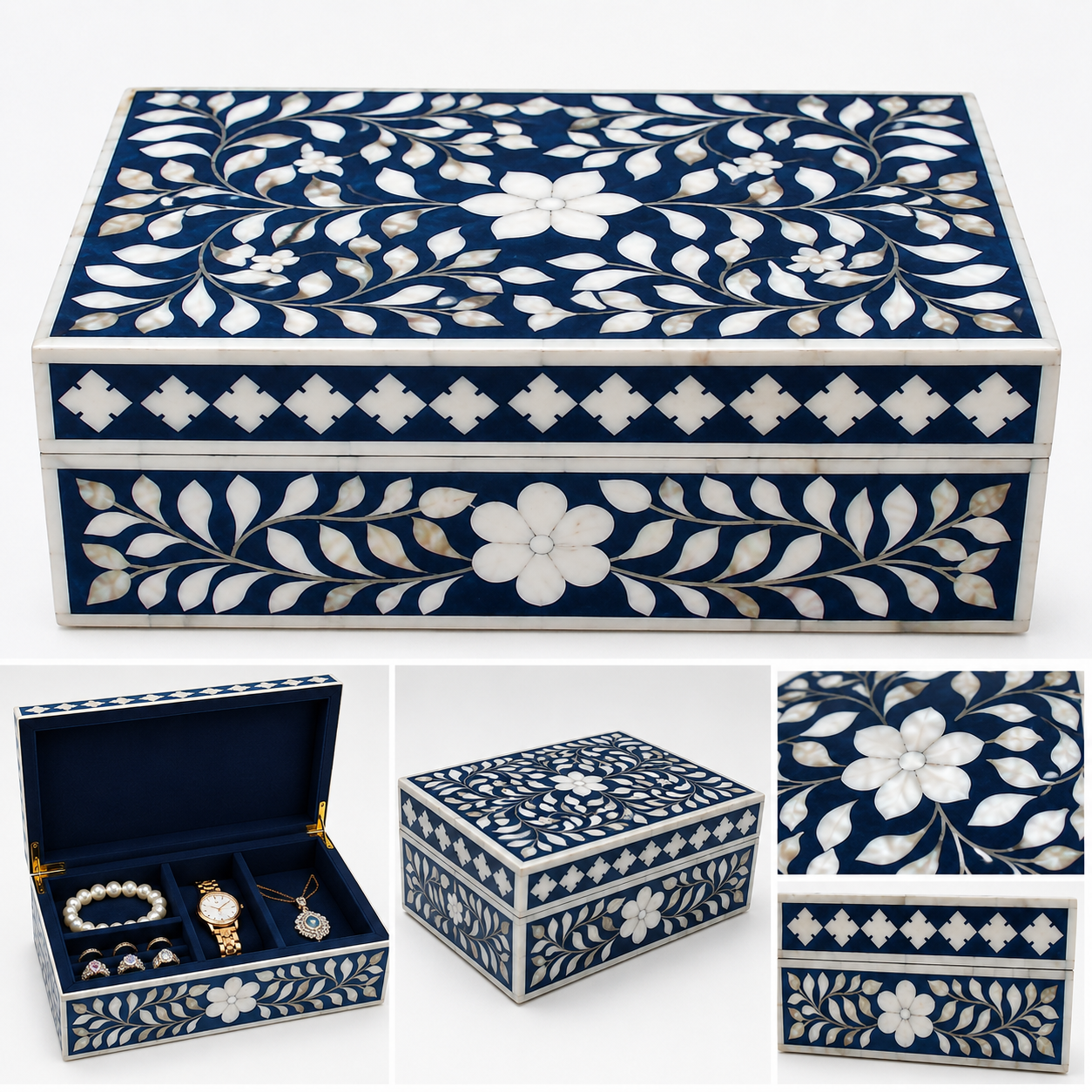 Luxury Mother of Pearl inlay jewelry box with blue floral pattern and organized rings, necklace, and bracelet.