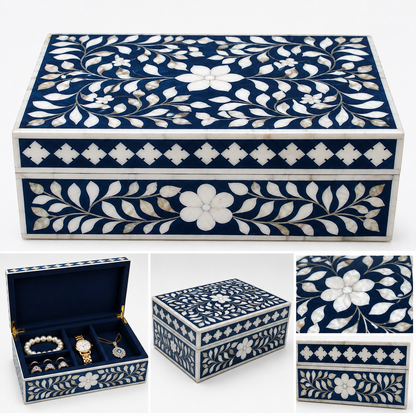 Luxury Mother of Pearl inlay jewelry box with blue floral pattern and organized rings, necklace, and bracelet.