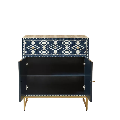 Beautiful Bone Inlay Chest – 1 Drawer & 2 Cabinets - Indigo Geometric Design