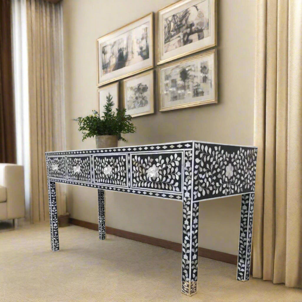 Front View of Handmade Black Mother of Pearl Inlay Console Table with 3 Drawers