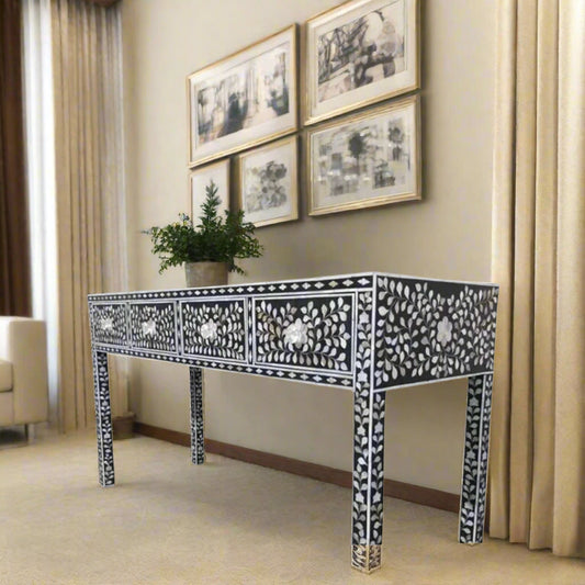 Front View of Handmade Black Mother of Pearl Inlay Console Table with 3 Drawers