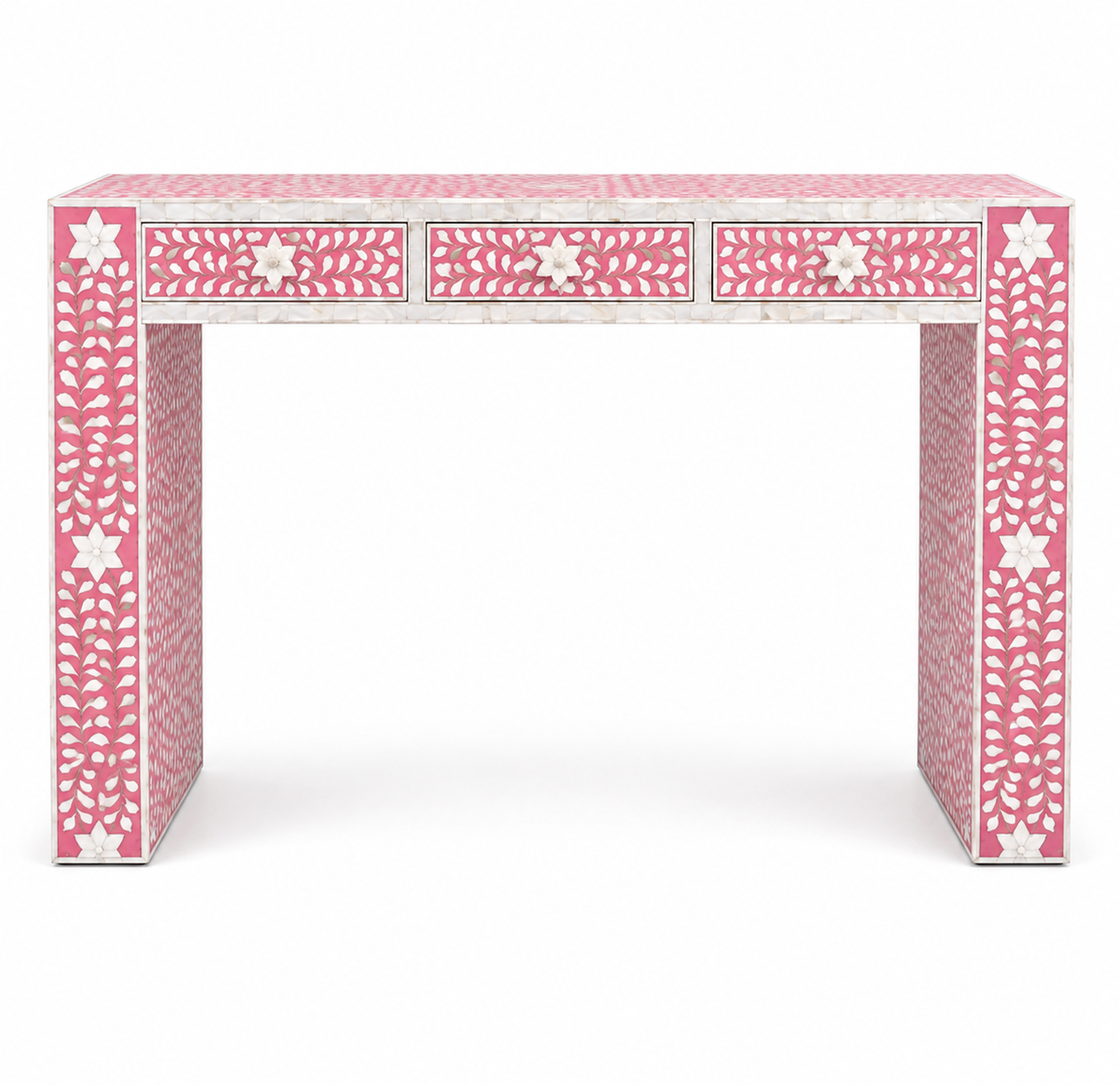 Luxury Handmade Pink Floral Inlay Console Table with Storage