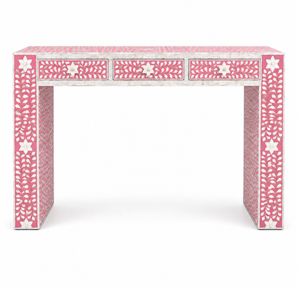 Luxury Handmade Pink Floral Inlay Console Table with Storage