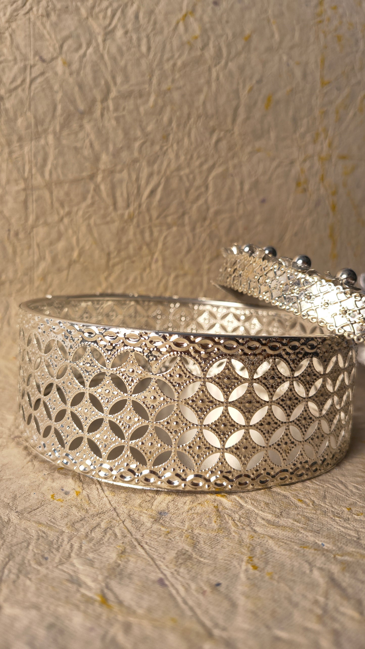 Handcrafted German Silver Circular Filigree Box with Floral Lid & Crystal Knob