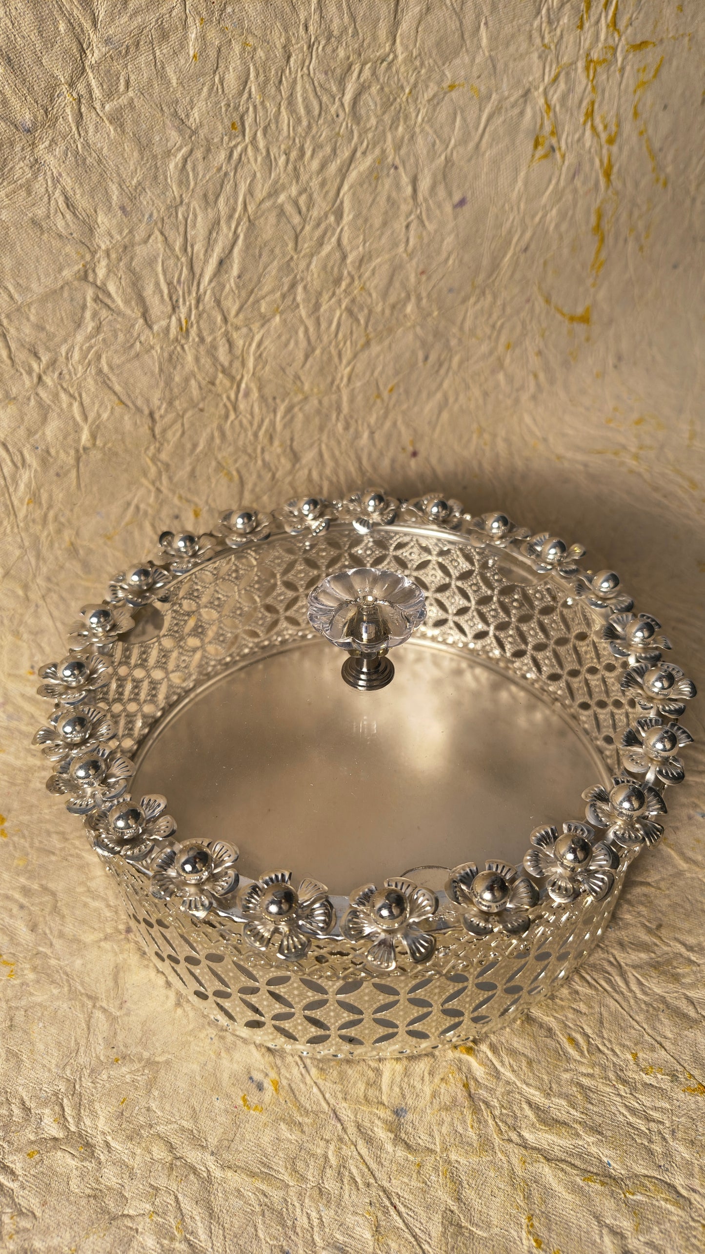 Handcrafted German Silver Circular Filigree Box with Floral Lid & Crystal Knob