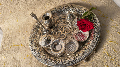 Silver-Tone Ornate Puja Thali Set with Ritual Accessories & Om Symbol