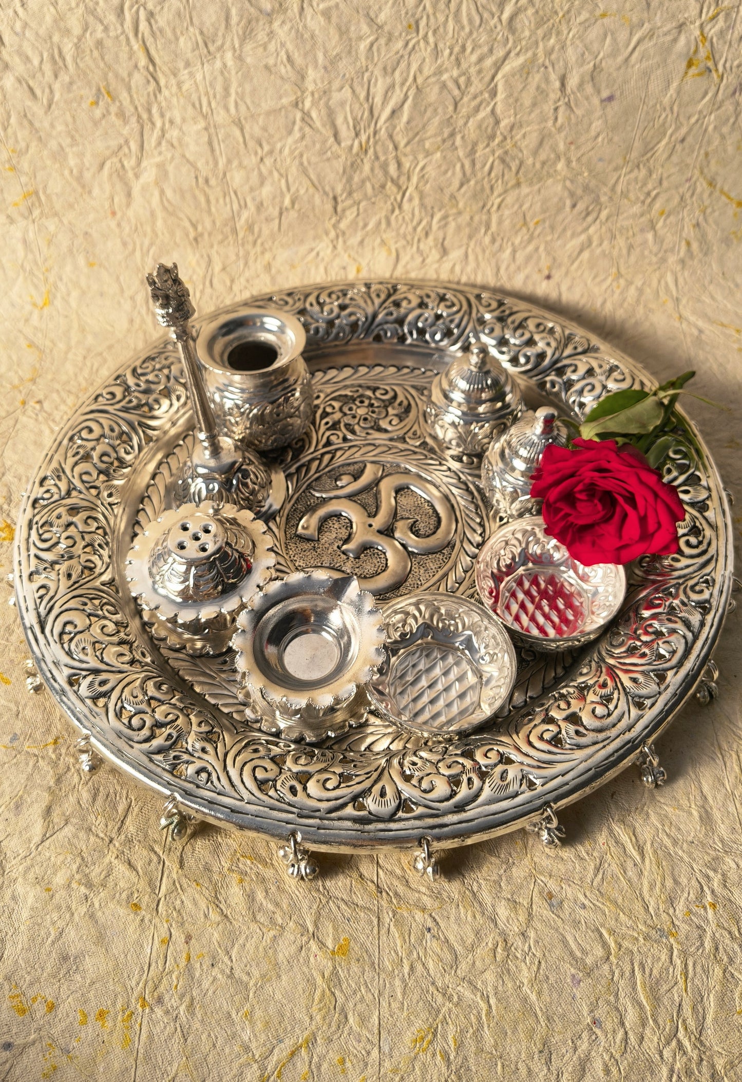 Silver-Tone Ornate Puja Thali Set with Ritual Accessories & Om Symbol
