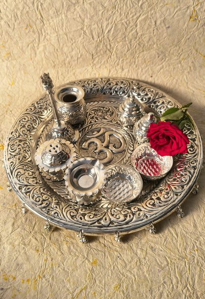 Silver-Tone Ornate Puja Thali Set with Ritual Accessories & Om Symbol