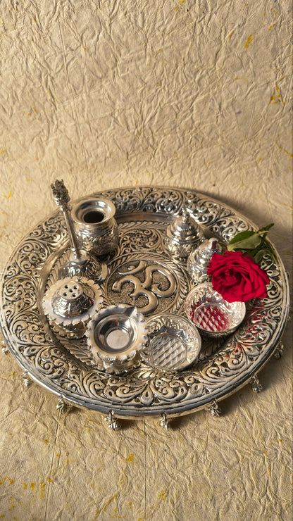 Silver-Tone Ornate Puja Thali Set with Ritual Accessories & Om Symbol