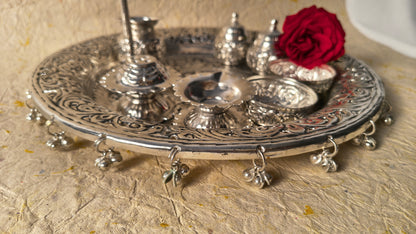 Silver-Tone Ornate Puja Thali Set with Ritual Accessories & Om Symbol