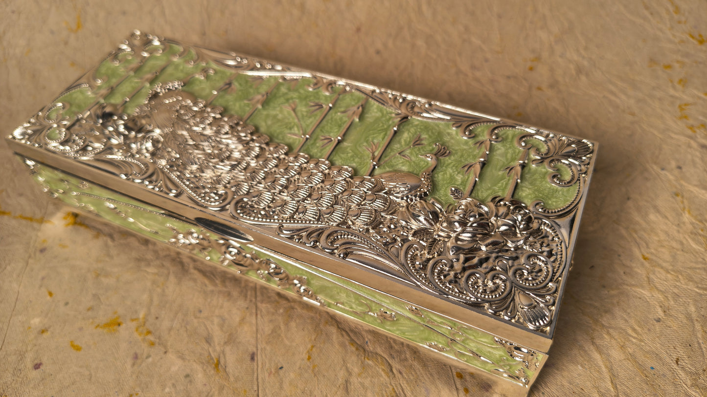 Royal German Silver & Lime Green Meenakari Peacock Utility Box