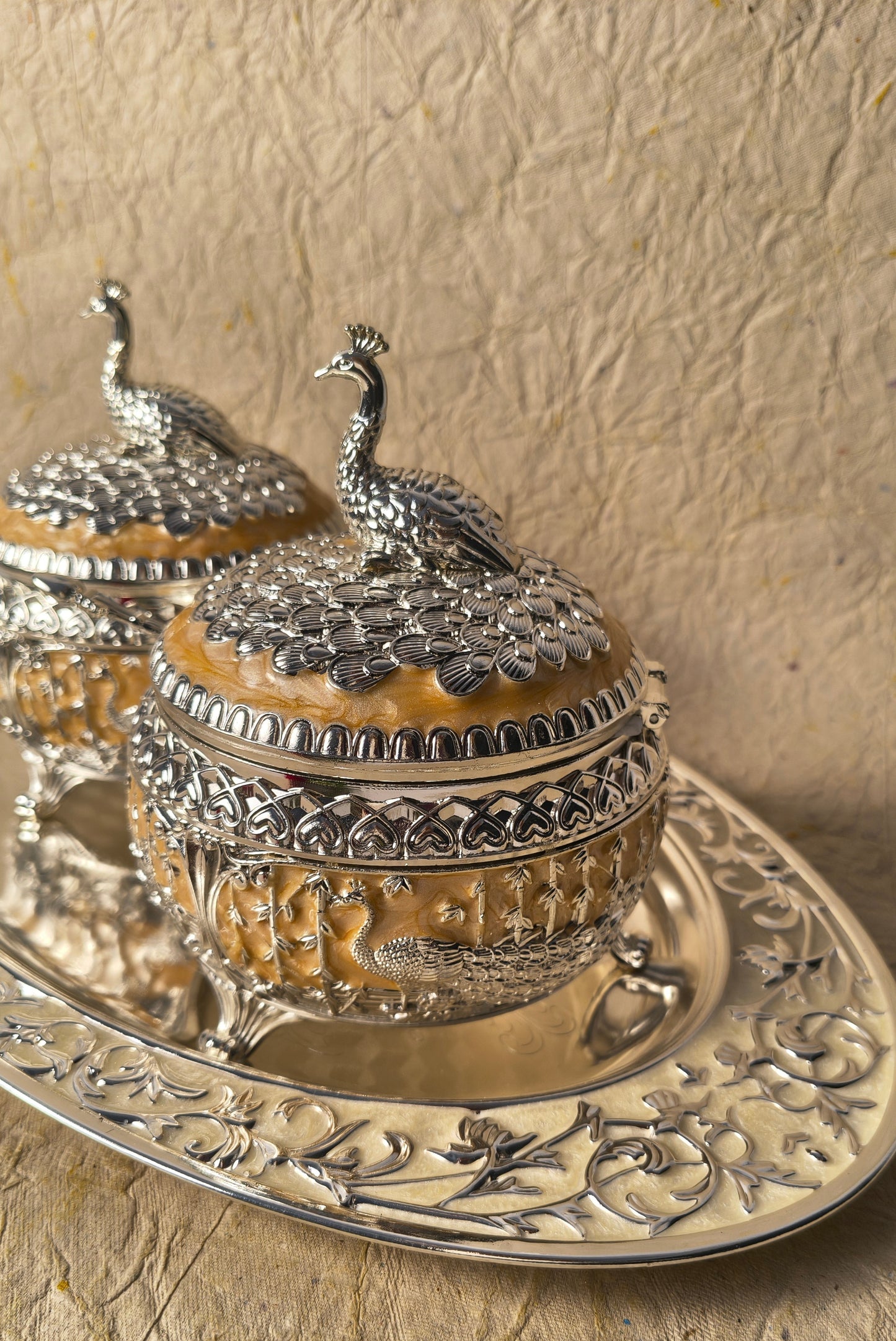 Peacock Dry Fruit Bowl Set with Decorative Tray, Spoon & Lid (5-Piece Set) in Silver Finish for Serving & Gifting.