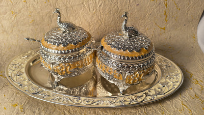 Peacock Dry Fruit Bowl Set with Decorative Tray, Spoon & Lid (5-Piece Set) in Silver Finish for Serving & Gifting.