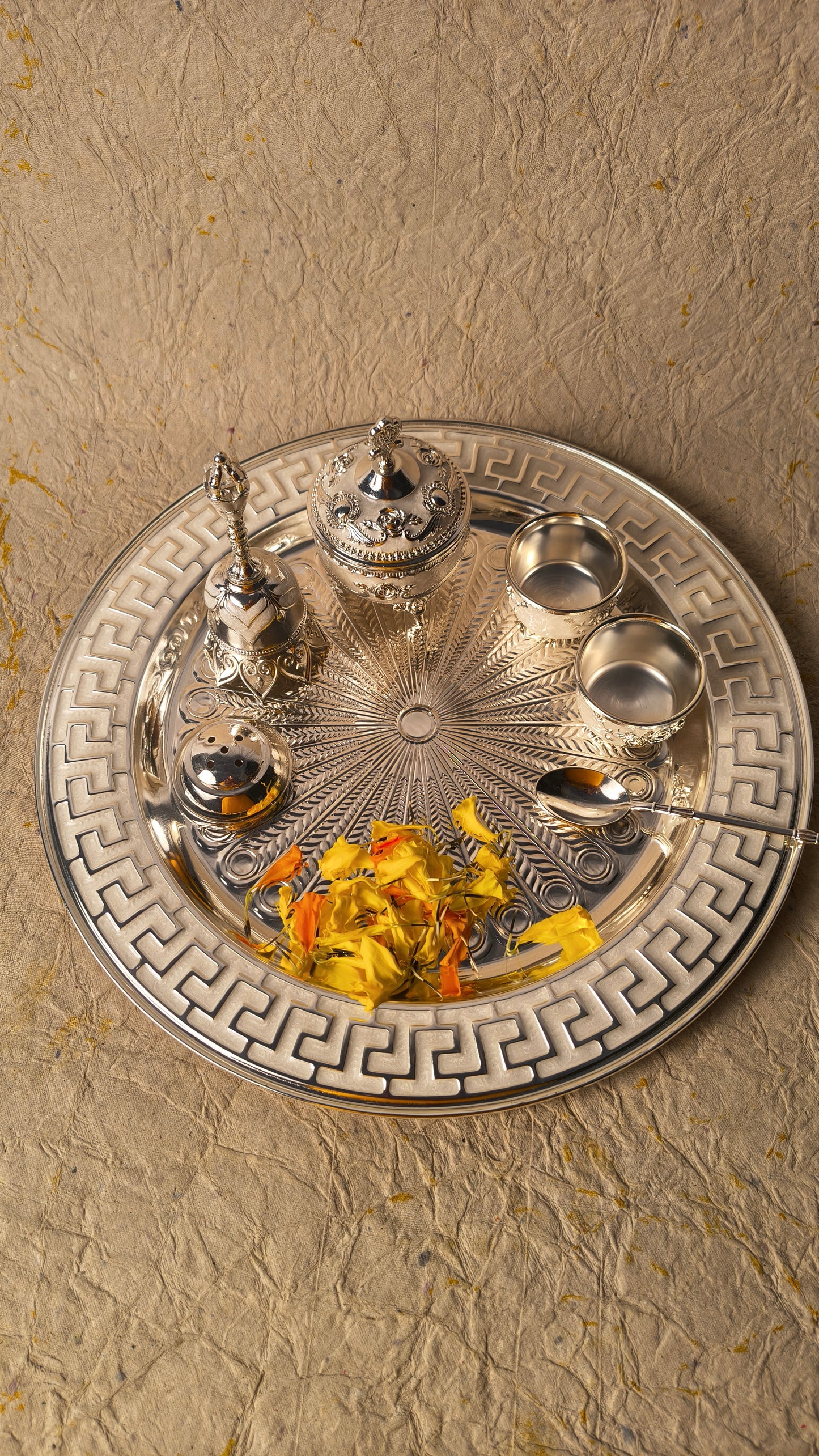 Premium German Silver Puja Thali Set – Complete 7-Piece Ritual Bundle with Greek Key Design