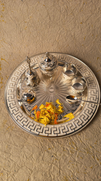 Premium German Silver Puja Thali Set – Complete 7-Piece Ritual Bundle with Greek Key Design