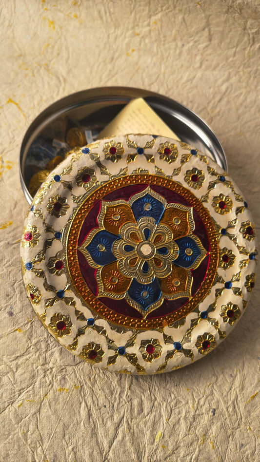 Royal Handcrafted Meenakari Design Round Gift Box / Dry Fruit Container