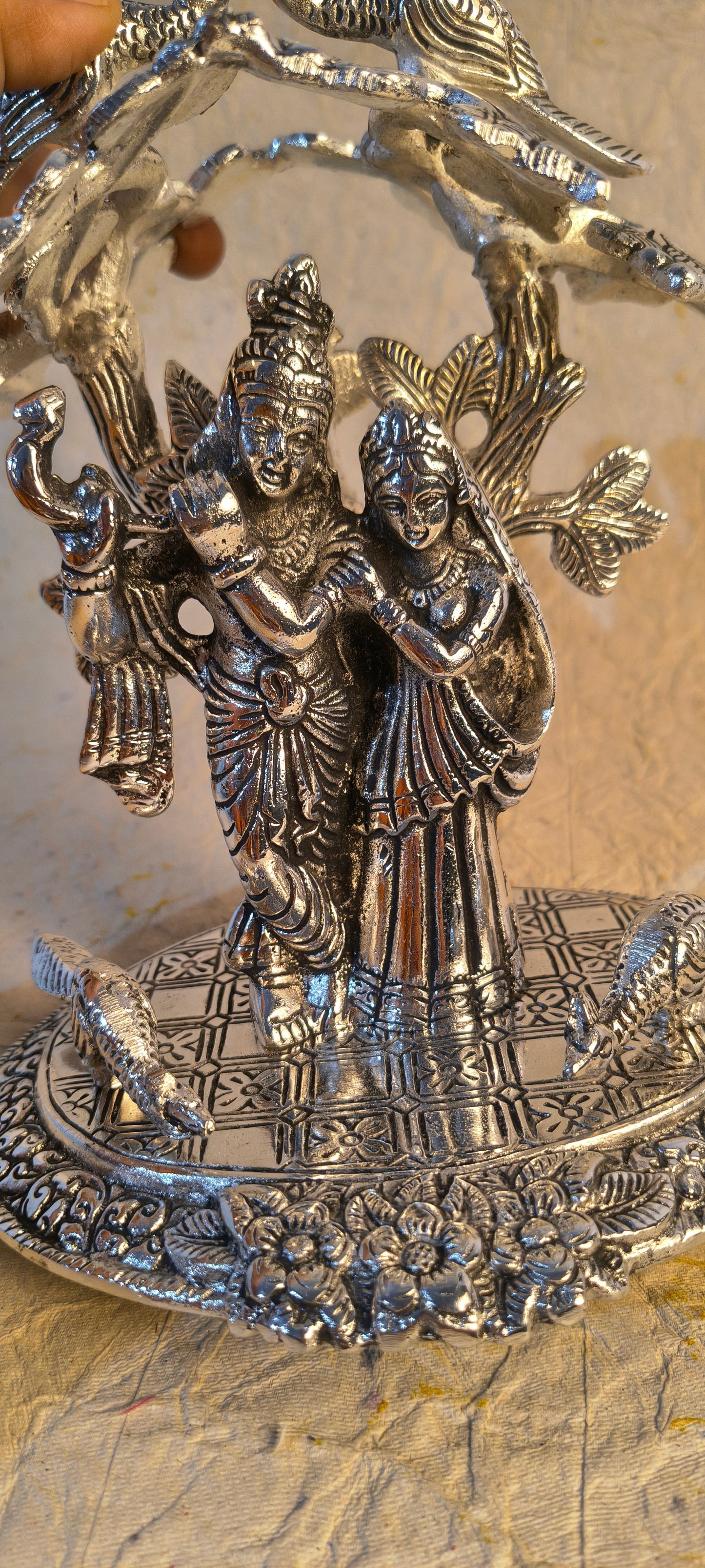 Divine German Silver Radha Krishna Idol Standing Under Tree with Birds