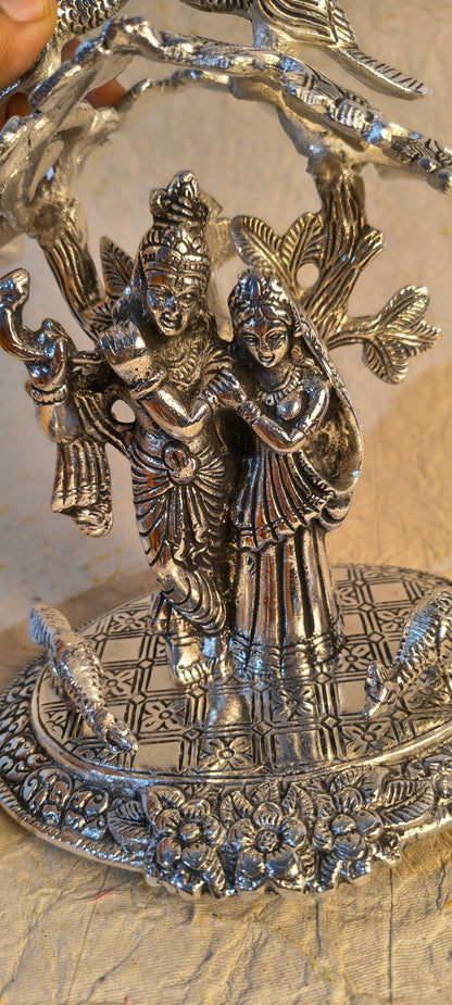 Divine German Silver Radha Krishna Idol Standing Under Tree with Birds