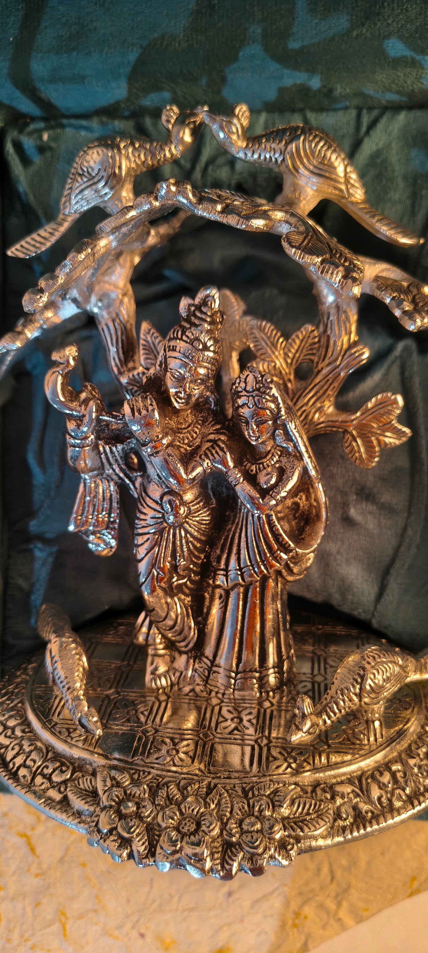 Divine German Silver Radha Krishna Idol Standing Under Tree with Birds