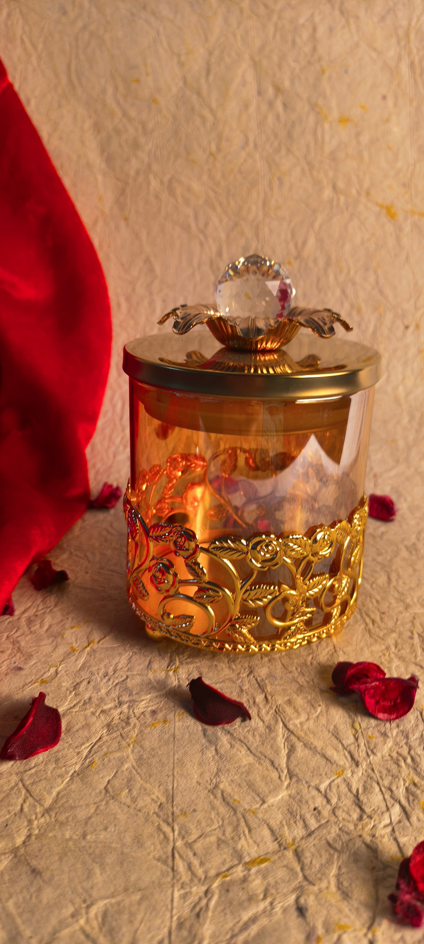 Luxurious Gold Rose Cutwork Glass Jar with Crystal Knob