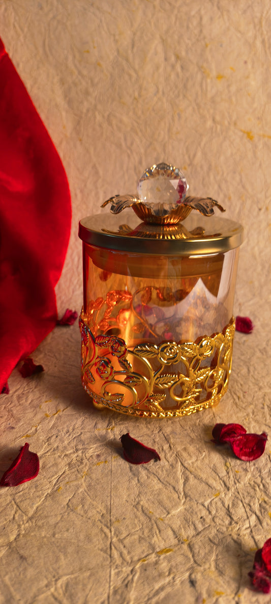 Luxurious Gold Rose Cutwork Glass Jar with Crystal Knob