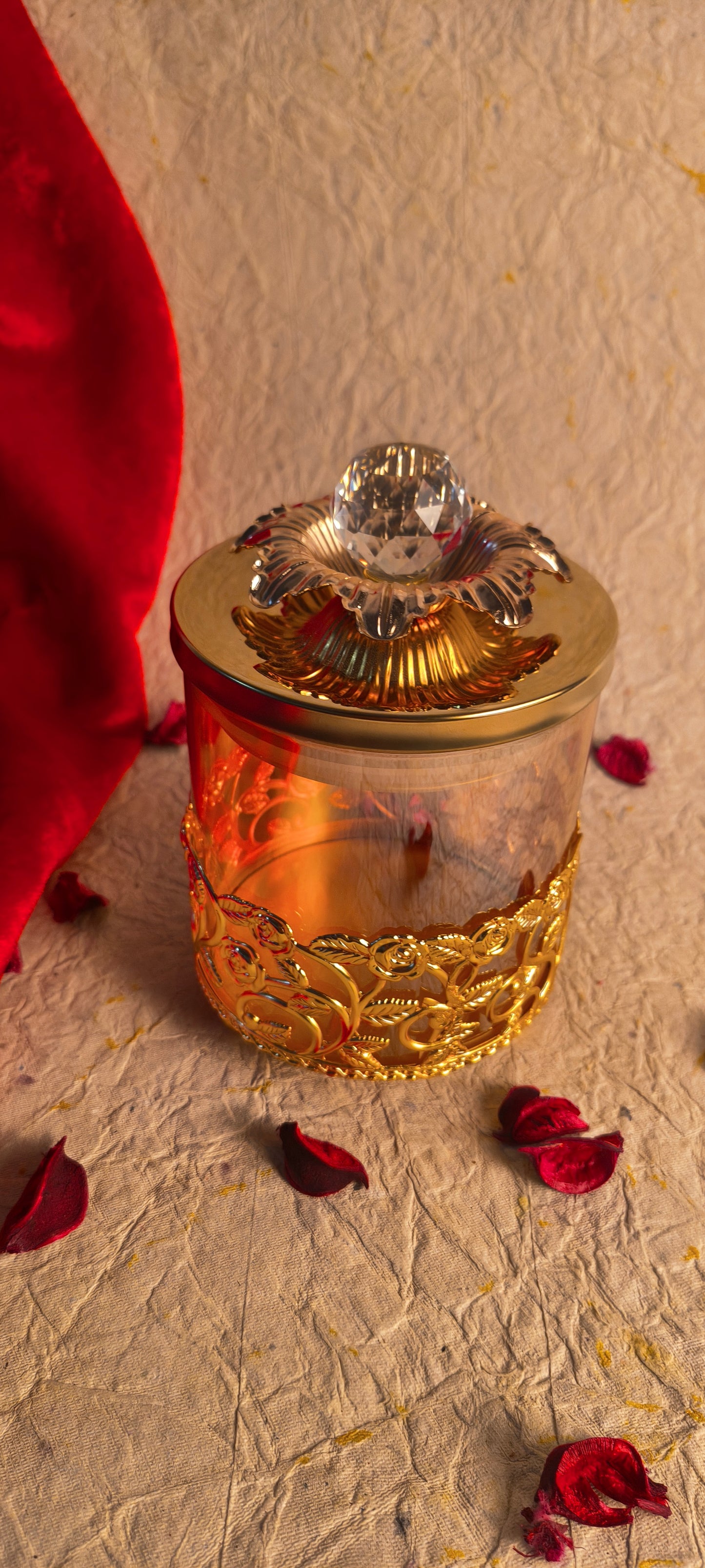 Luxurious Gold Rose Cutwork Glass Jar with Crystal Knob