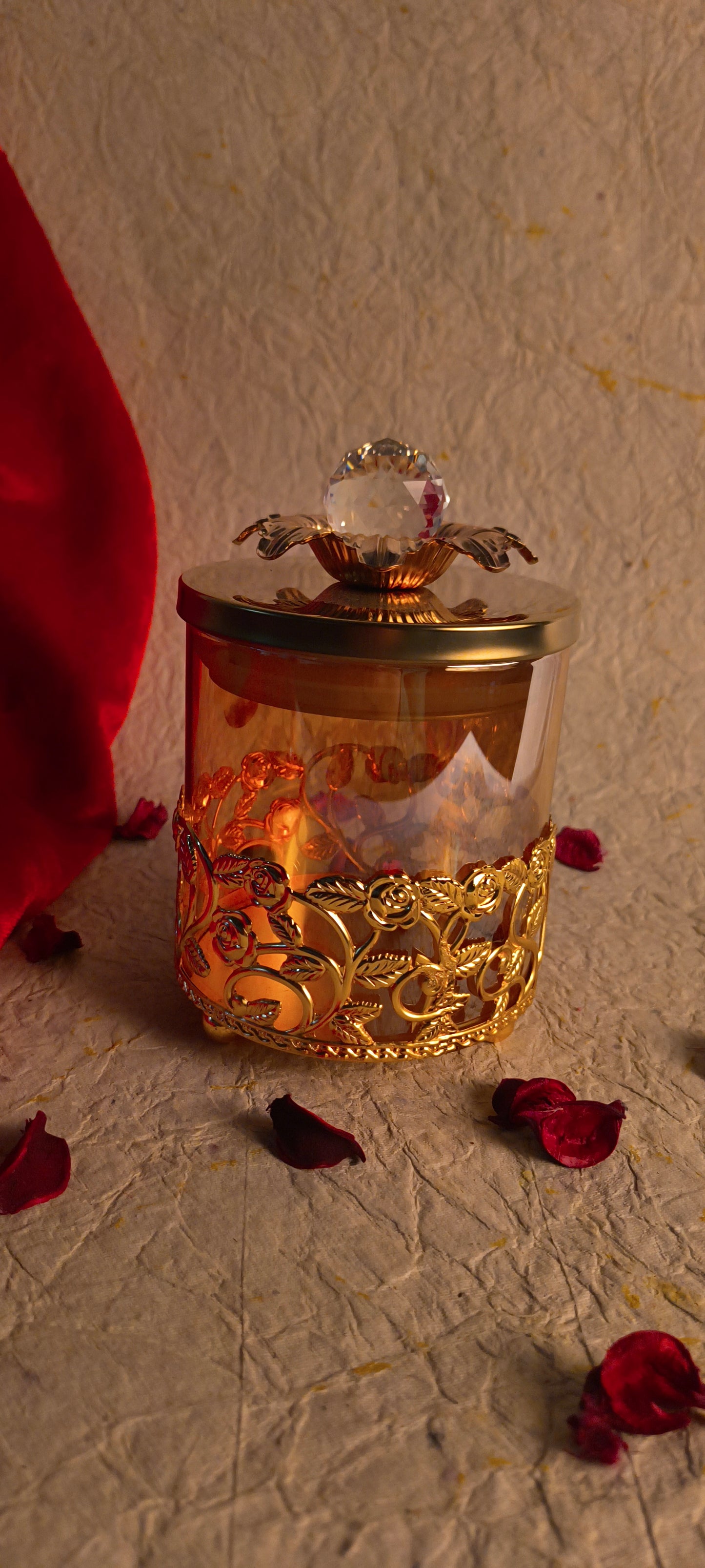 Luxurious Gold Rose Cutwork Glass Jar with Crystal Knob
