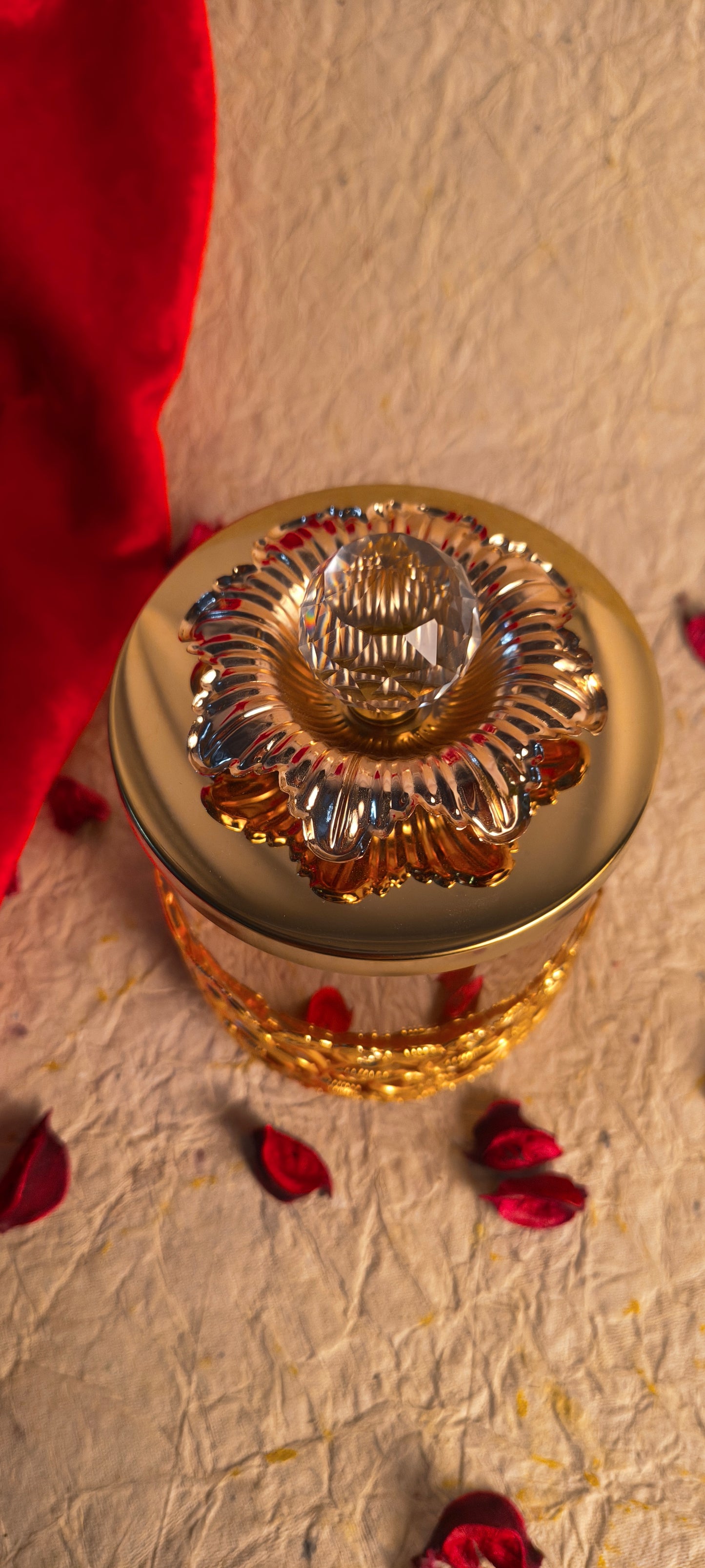 Luxurious Gold Rose Cutwork Glass Jar with Crystal Knob