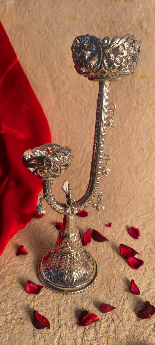 Antique Style German Silver 2-Tier Candle Holder / Diya Stand with Hanging Bells