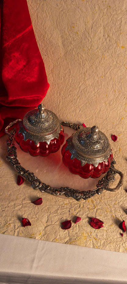 German Silver & Glass Pumpkin Jar Gift Set with Matching Serving Tray (3-Piece Set)