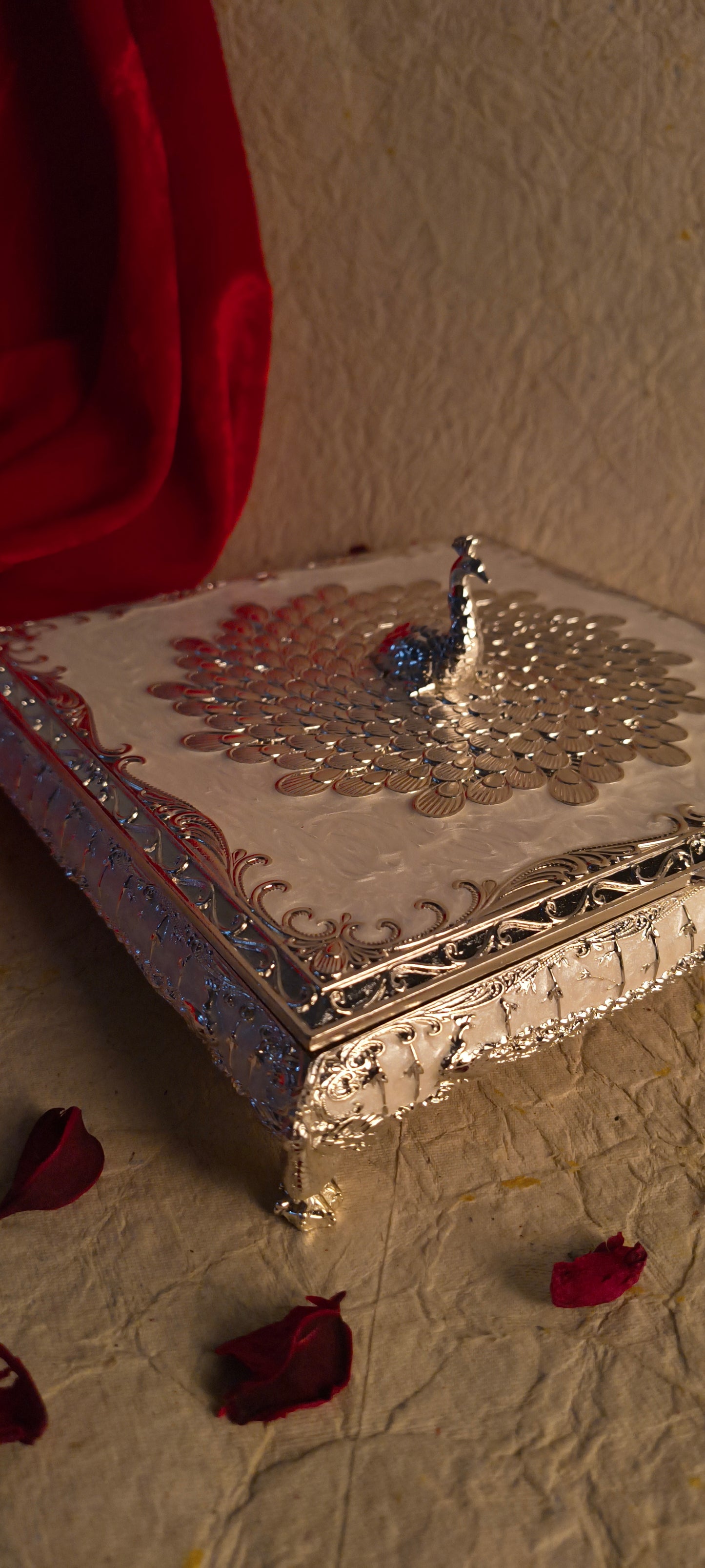 Royal Silver & White Peacock Design Jewelry / Dry Fruit Box