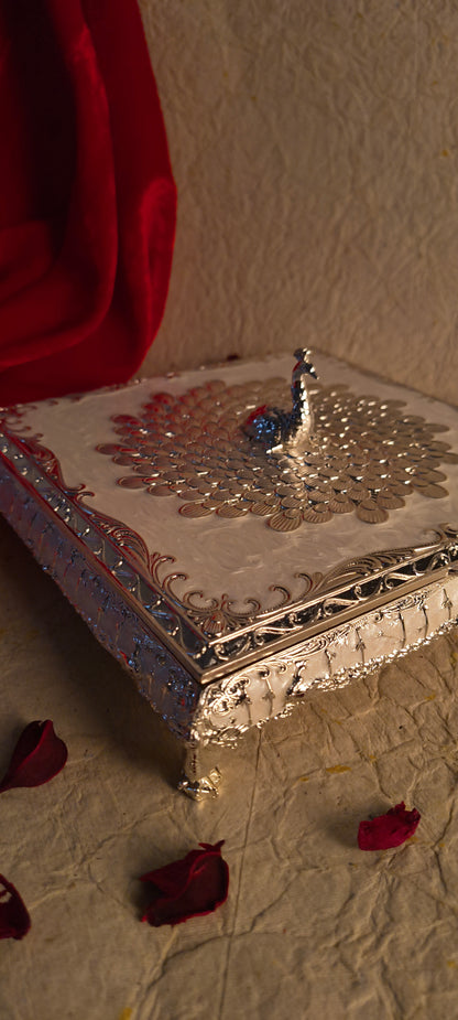 Royal Silver & White Peacock Design Jewelry / Dry Fruit Box