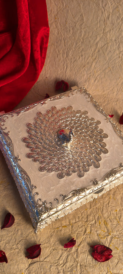 Royal Silver & White Peacock Design Jewelry / Dry Fruit Box