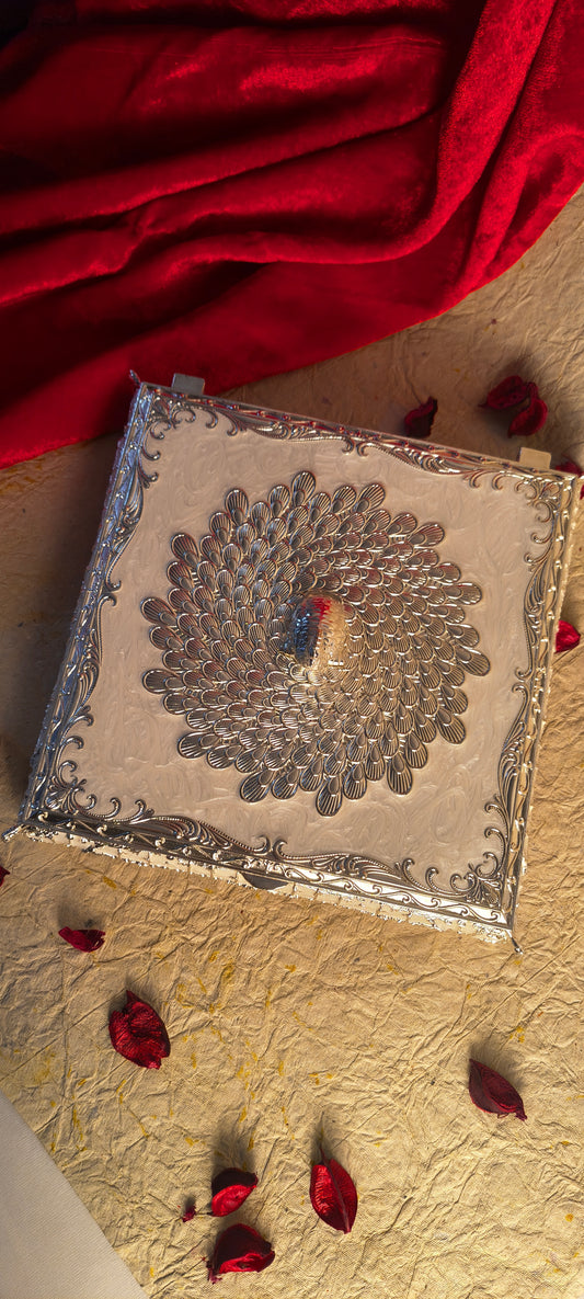 Royal Silver & White Peacock Design Jewelry / Dry Fruit Box
