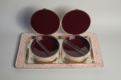Ornate Serving Tray Set with Pink & Gold Hinged Containers – Festive Dry Fruit & Sweet Display