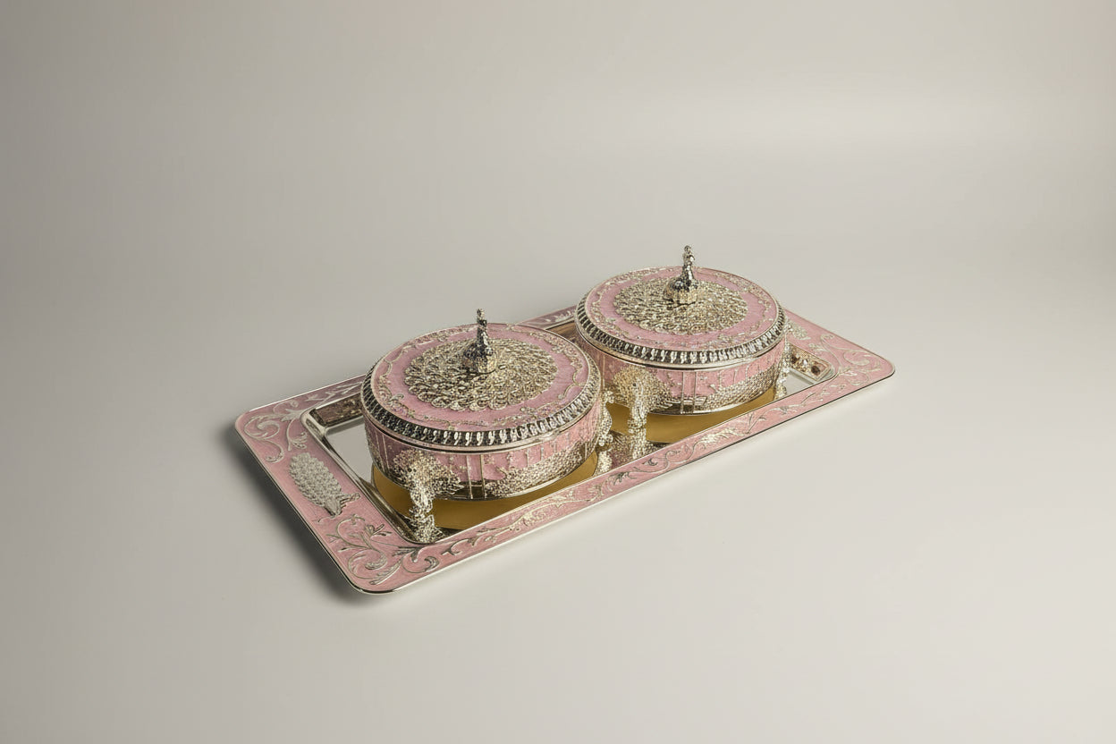 Ornate Serving Tray Set with Pink & Gold Hinged Containers – Festive Dry Fruit & Sweet Display