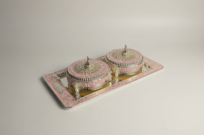 Ornate Serving Tray Set with Pink & Gold Hinged Containers – Festive Dry Fruit & Sweet Display
