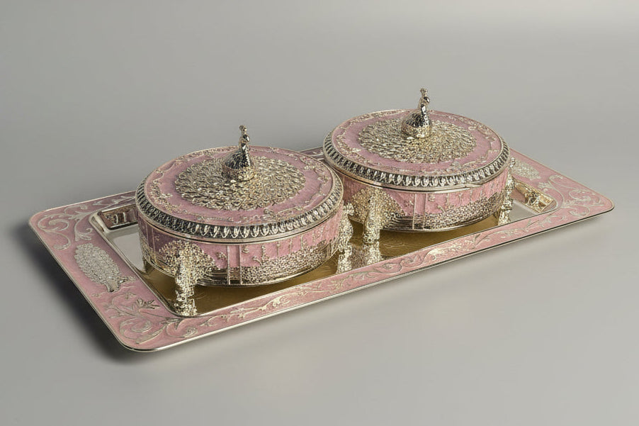 Ornate Serving Tray Set with Pink & Gold Hinged Containers – Festive Dry Fruit & Sweet Display