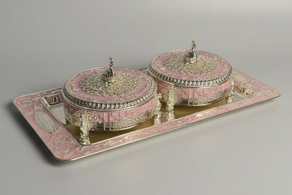 Ornate Serving Tray Set with Pink & Gold Hinged Containers – Festive Dry Fruit & Sweet Display
