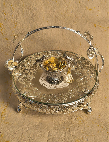 Ornate Silver Tray with Glass Container – Elegant Serveware for Festive & Home Decor