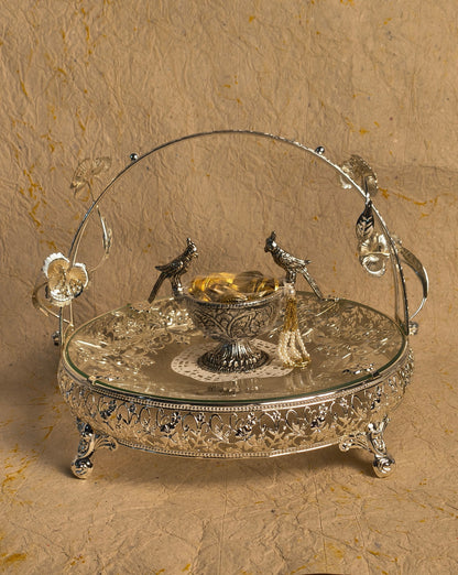 Ornate Silver Tray with Glass Container – Elegant Serveware for Festive & Home Decor