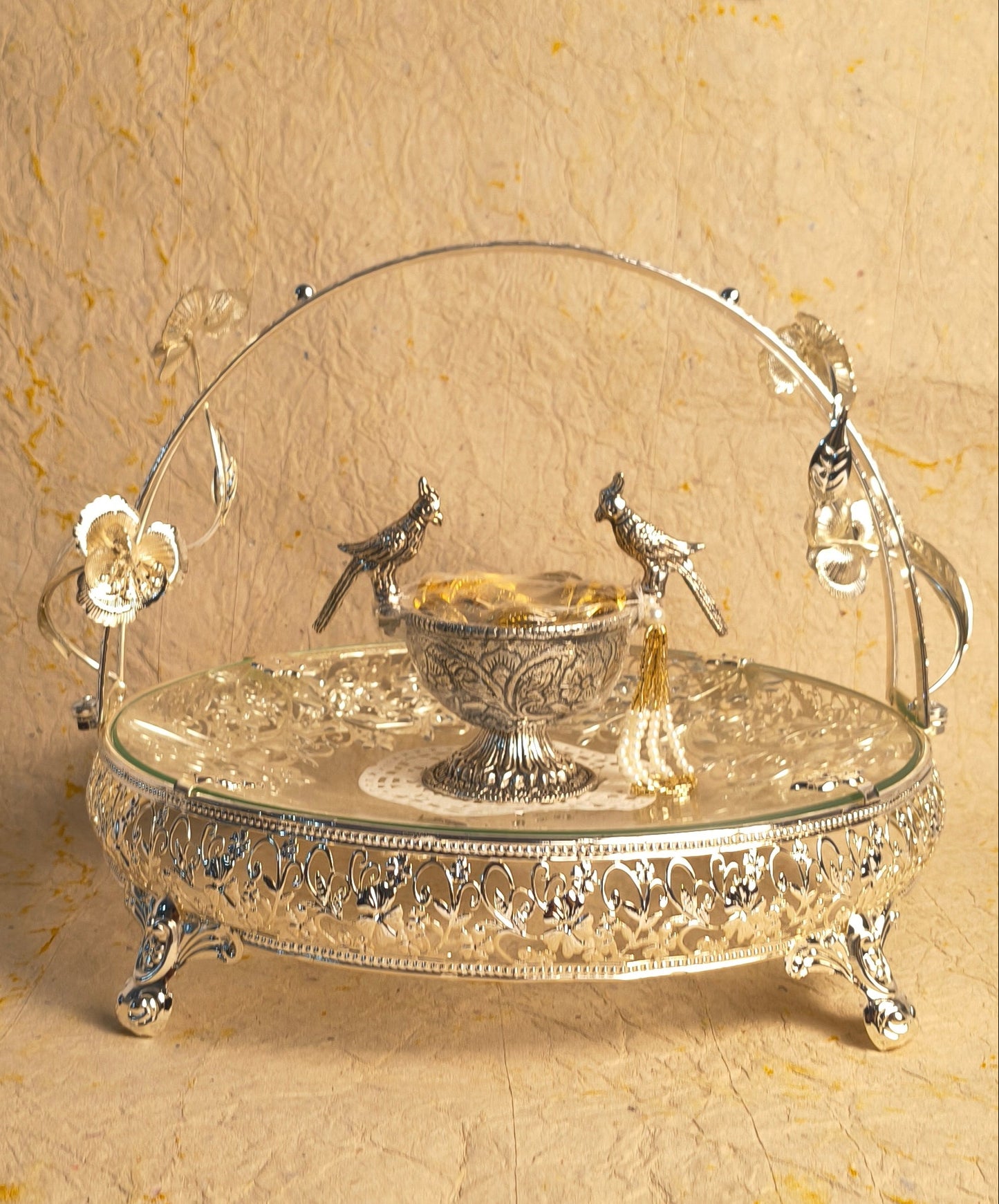 Ornate Silver Tray with Glass Container – Elegant Serveware for Festive & Home Decor