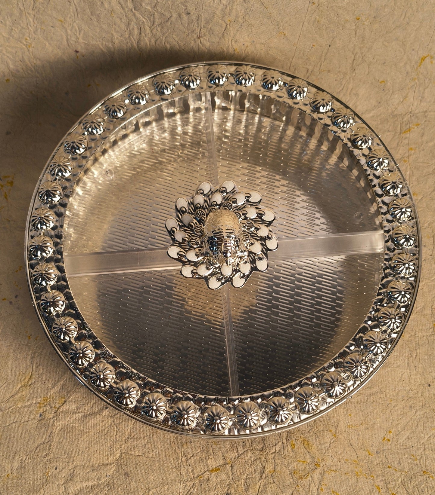 Silver Finish Round Dry Fruit Box with Peacock Lid, Decorative Serving Container for Table Decor & Gifting