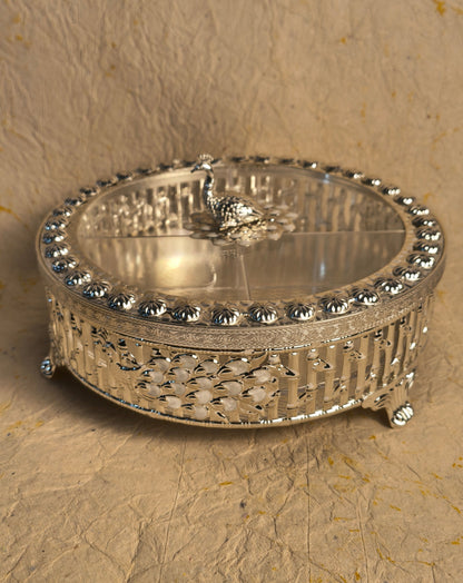 Silver Finish Round Dry Fruit Box with Peacock Lid, Decorative Serving Container for Table Decor & Gifting
