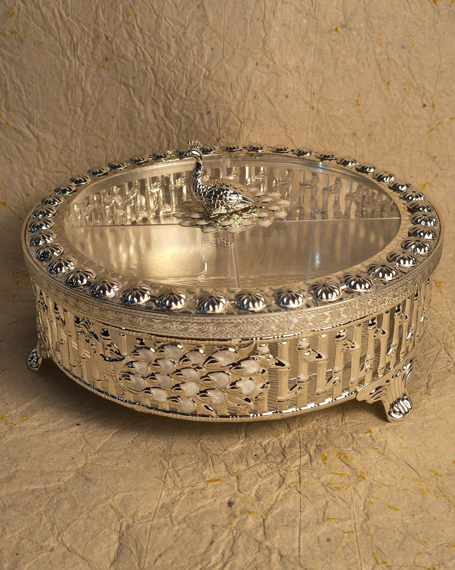 Silver Finish Round Dry Fruit Box with Peacock Lid, Decorative Serving Container for Table Decor & Gifting
