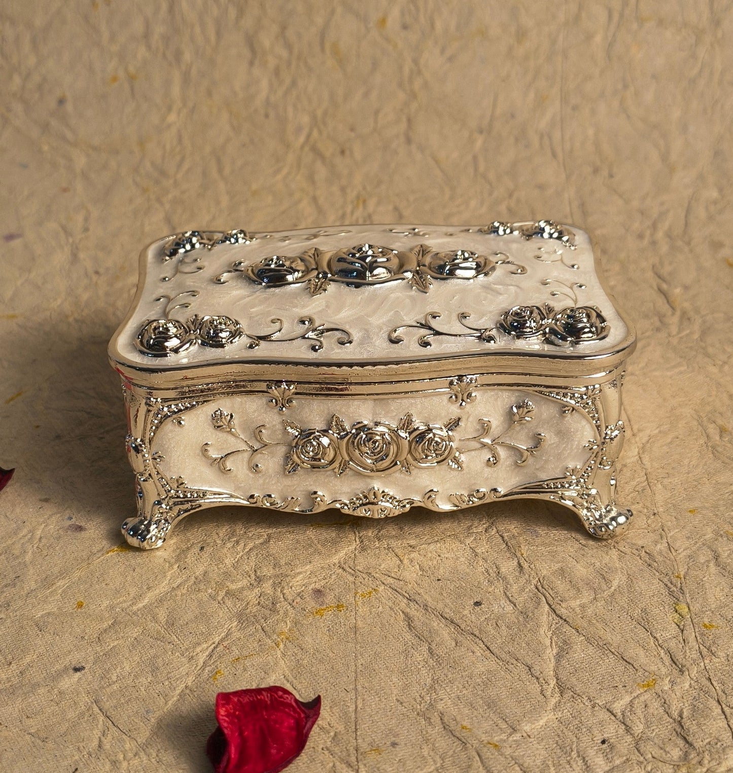 Silver Finish Floral Jewelry Box with Rose Design, Decorative Keepsake Storage Box for Vanity Decor & Gifting.